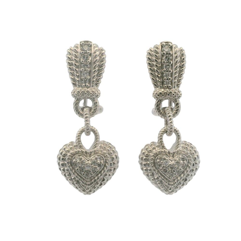 Judith Ripka CZ Heart Cluster Drop Dangle Omega-Back Sterling Silver Earrings